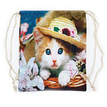 Gymtas/Trekkoordtas - Poes met Hoed in Mand & Bloemen - 42x35cm