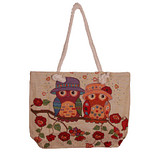 Grote Schoudertas - Uilen op Tak met Mutsen - Hartjes en Rozen - Ecru - Geborduurd - 45x33cm