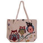 Grote Schoudertas - Uilen op Tak - Multicolor Paddestoelen - Ecru/Beige - Geborduurd - 45x33cm