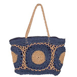 Schoudertas Blauw/Zandkleur - Grote Granny Squares - Handgemaakt - Rits en Voering - B-35cm x D-10cm x H-25(48/88)cm