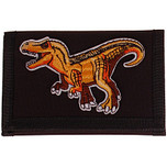 Zwarte klittenbandportemonnee 12x9cm - Applicatie dinosaurus T-Rex oranje/bruin 10x6cm