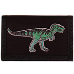 Zwarte klittenbandportemonnee 12x9cm - Applicatie dinosaurus Velociraptor groen 11,5cm