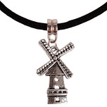 Veterketting Zwart Fluweel - Zilverkleurige Sluiting - 45cm - Hangertje Molen zilverkleurig 2,5cm