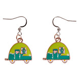 Oorbellen Zilverkleurig - Hangertje Caravan blauw/groen zilverkleurig geëmailleerd 2cm