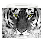 Spaarpot - Tijgerkop Zwart/Wit met gekleurde Ogen