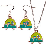Set - Kinderketting 45cm - Oorbellen Zilverkleurig - Hangertje Caravan blauw/groen zilverkleurig geëmailleerd 2cm