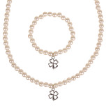 Set - Kinderketting en armbandje - ivoorkleurige immitatieparels 6mm - Hangertje Klavertje vier zilverkleurig 1,5cm