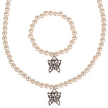 Set - Kinderketting en armbandje - ivoorkleurige immitatieparels 6mm - Hangertje Vlinder zilverkleurig 1,2cm