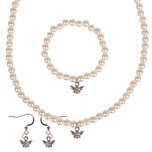 Set - Kinderketting, armbandje en oorbellen - ivoorkleurige immitatieparels 6mm - Hangertje Bijtje zilverkleurig 1cm