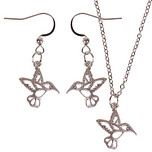 Set - Kinderketting 45cm - Oorbellen Zilverkleurig - Hangertje Kolibrie zilverkleurig 1,8cm