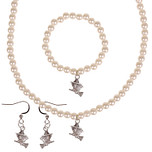 Set - Kinderketting, armbandje en oorbellen - ivoorkleurige immitatieparels 6mm - Hangertje Heksje zilverkleurig 1,5cm