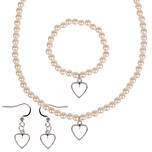 Set - Kinderketting, armbandje en oorbellen - ivoorkleurige immitatieparels 6mm - Hangertje Hartje zilverkleurig 1,2cm