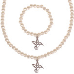 Set - Kinderketting en armbandje - ivoorkleurige immitatieparels 6mm - Hangertje Kolibrie zilverkleurig 1,8cm