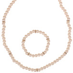 Set - Kinderketting en Kinderarmbandje - Ivoorkleurige Imitatiepareltjes 6mm - Zilverkleurige Spacers - Elastisch