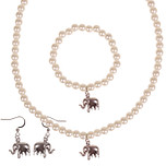 Set - Kinderketting, armbandje en oorbellen - ivoorkleurige immitatieparels 6mm - Hangertje Olifant zilverkleurig 1,5cm