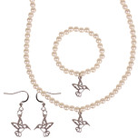 Set - Kinderketting, armbandje en oorbellen - ivoorkleurige immitatieparels 6mm - Hangertje Kolibrie zilverkleurig 1,8cm