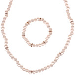 Set - Kinderketting en Kinderarmbandje - Ivoorkleurige Imitatiepareltjes 6mm - Zilverkleurige Spacers met Strass - Elastisch