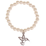 Kinderarmbandje Ivoorkleurige Imitatie Parels 6mm - Hangertje Kolibrie zilverkleurig 1,8cm