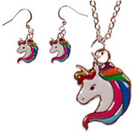 Set - Ketting 55cm RVS - Oorbellen Zilverkleurig - Hangertjes Emaille Eenhoorn Zilverkleurig 1,5cm 