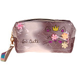 Toilettas / Grote Etui - Poes Princess - So Cute - Transparante Laag met Bloemetjes - Grijs & Wit- 19x11cm
