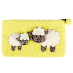 Vilten Portemonnee Lichtgeel met rits en 2 Schaapjes Wit/Grijs  - 20x11cm
