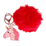 Sleutelhanger met Clip - Rood Pompom & Eenhoorn Transparant met Glitters - Pompom 8cm