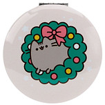 Make-up Spiegeltje - Pusheen the Cat - Kerstmis Kerstkrans - Roze/Groen - Compact met Klepje - 6,5x6,5x1cm