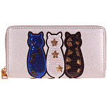 Portemonnee zilver met drie gekleurde poesjes en pailletjes - 20x11 cm