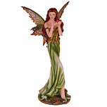 Beeldje Fantasy Elf/Fee - Groen/Bruin met Rode Roos in Handen - Vlindervleugels - Medium - Polyresin - 24x13cm
