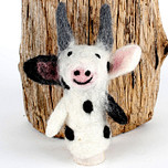 Vilten Vingerpoppetje Koe met Grijze Hoorns - Wit/Zwart - 13cm