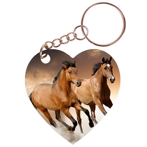 Sleutelhanger hartje 5x5cm - Bruine paarden in galop