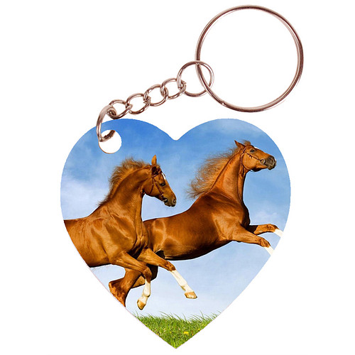 Sleutelhanger hartje 5x5cm - Bruine Paarden Fris in Weide