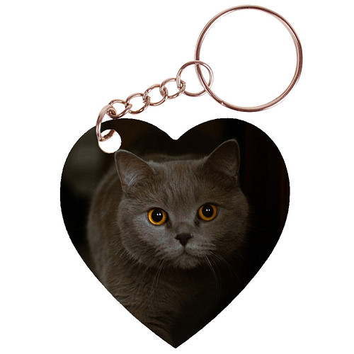 Sleutelhanger hartje 5x5cm - Donkergrijze Poes met gele ogen