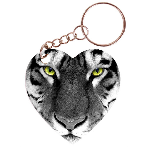 Sleutelhanger hartje 5x5cm - Tijgerkop Zwart/Wit met gekleurde Ogen