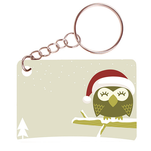 Sleutelhanger 6x4cm - Kerst Uil op Tak met Sneeuw Illustratie