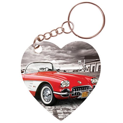 Sleutelhanger hartje 5x5cm - Corvette Rood/Wit - Route 66