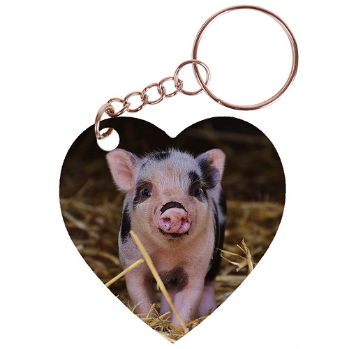 Sleutelhanger hartje 5x5cm - Roze-Zwart Varkentje in Stro