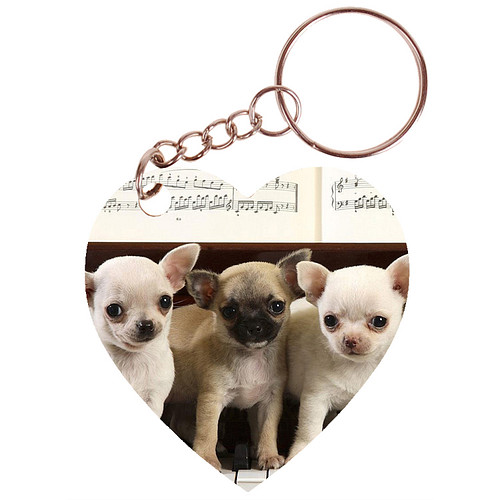 Sleutelhanger hartje 5x5cm - Chihuahuas op Piano met Bladmuziek