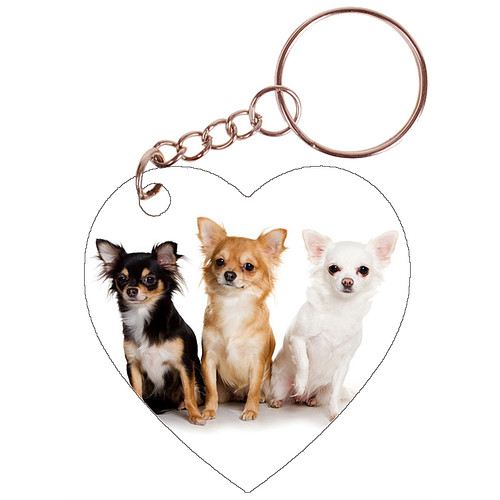 Sleutelhanger hartje 5x5cm - Chihuahuas zwart/bruin/wit