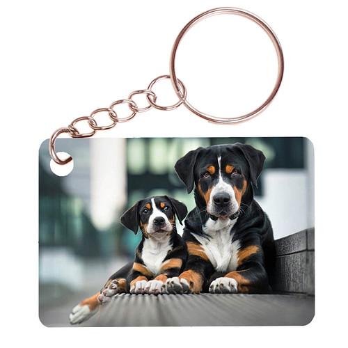 Sleutelhanger 6x4cm - Grote Zwitserse Sennenhond met Pup Liggend
