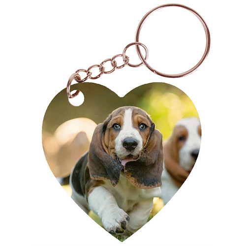 Sleutelhanger hartje 5x5cm - Basset Hounds Lopend op Gras