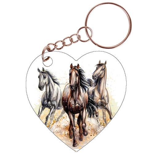 Sleutelhanger hartje 5x5cm - Paarden in Galop Frontaal Getekend