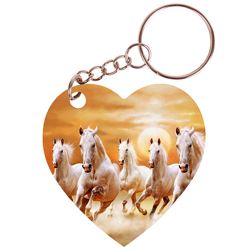 Sleutelhanger hartje 5x5cm - Groep Witte Paarden in Galop 