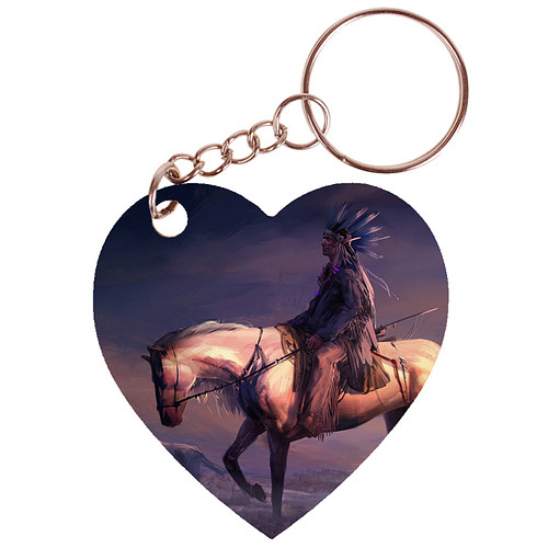 Sleutelhanger hartje 5x5cm - Indiaan met Wolven op Vlakte - Illustratie