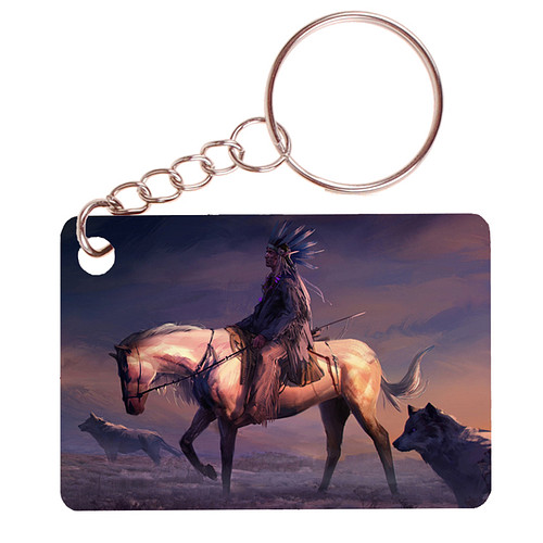 Sleutelhanger 6x4cm - Indiaan met Wolven op Vlakte - Illustratie