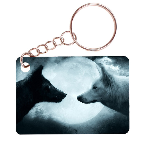 Sleutelhanger 6x4cm - Zwarte en Witte Wolf met Maan op Achtergrond