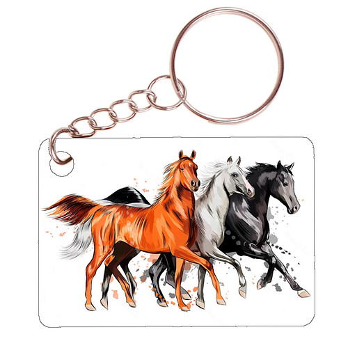 Sleutelhanger 6x4cm - Tekening Zwart - Wit - Bruin Paard op Rij