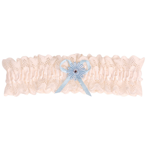 Kousenband ivoor kant met blauwe bloem en strass 