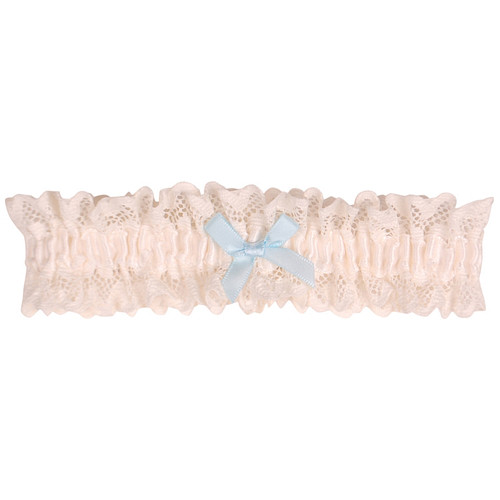 Kousenband ivoor met kant en blauw strikje 