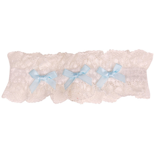 Kousenband ivoor met broderie en blauwe strikjes